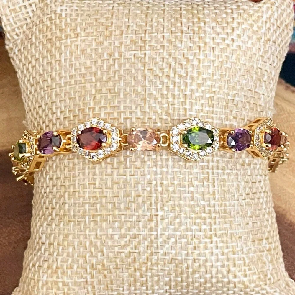18K Gold Filled Multicolor Gemstone CZ Tennis Bracelet Red Green Purple Pink New - Picture 2 of 12
